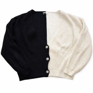 Black & White Two-Tone V-Neck Knit Cardigan Sweater